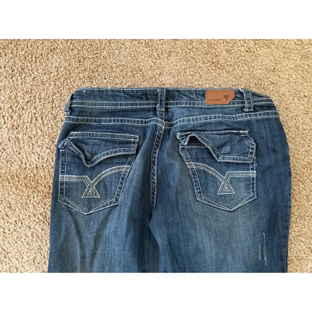 Vigoss Capri Jeans Medium Wash Distressed Thick Stitch Embroidered Pocket Size13